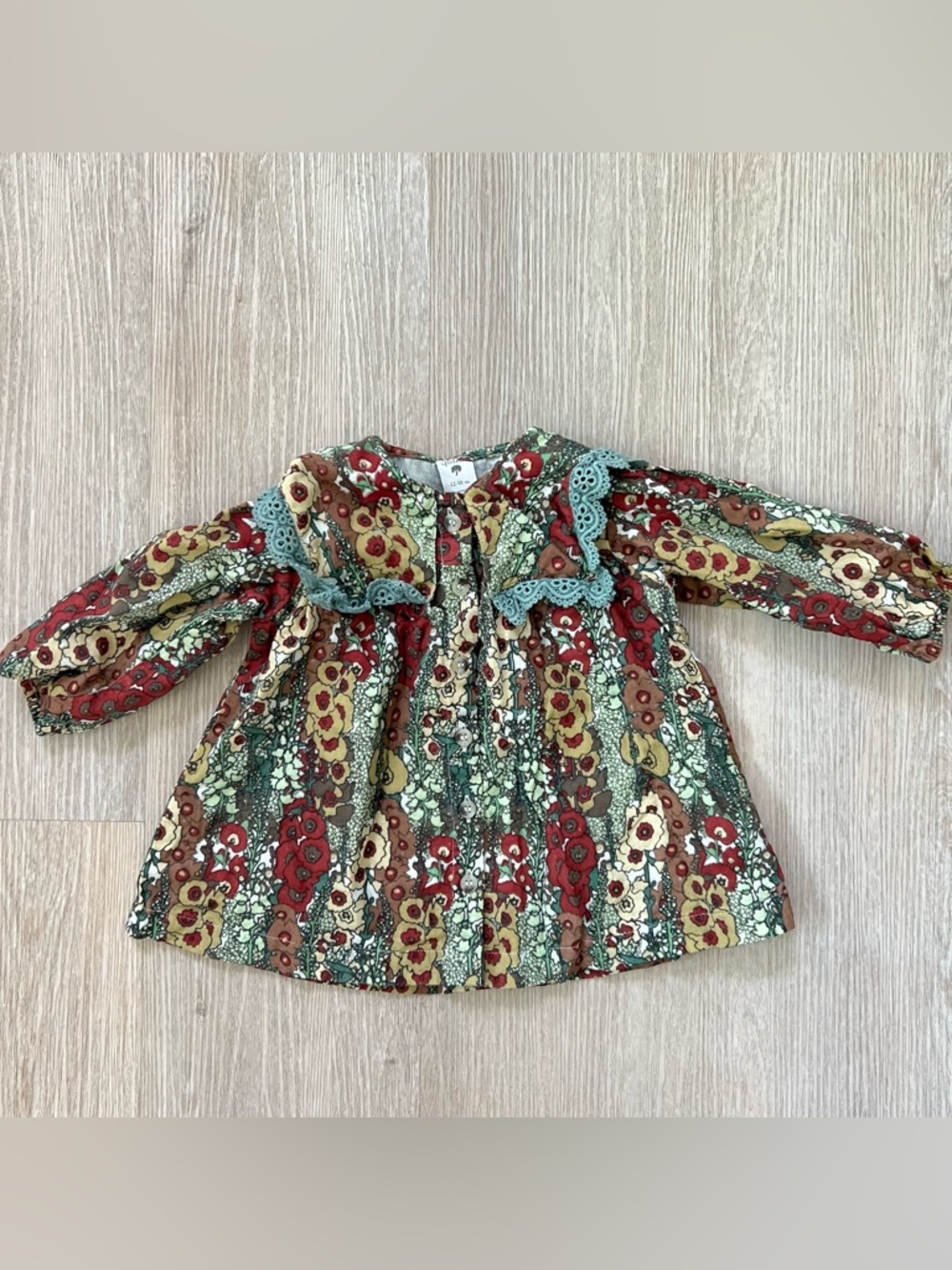 Kate Quinn Organic Cotton Natural Tones Floral Frilly Lace Dress 12-18 Months